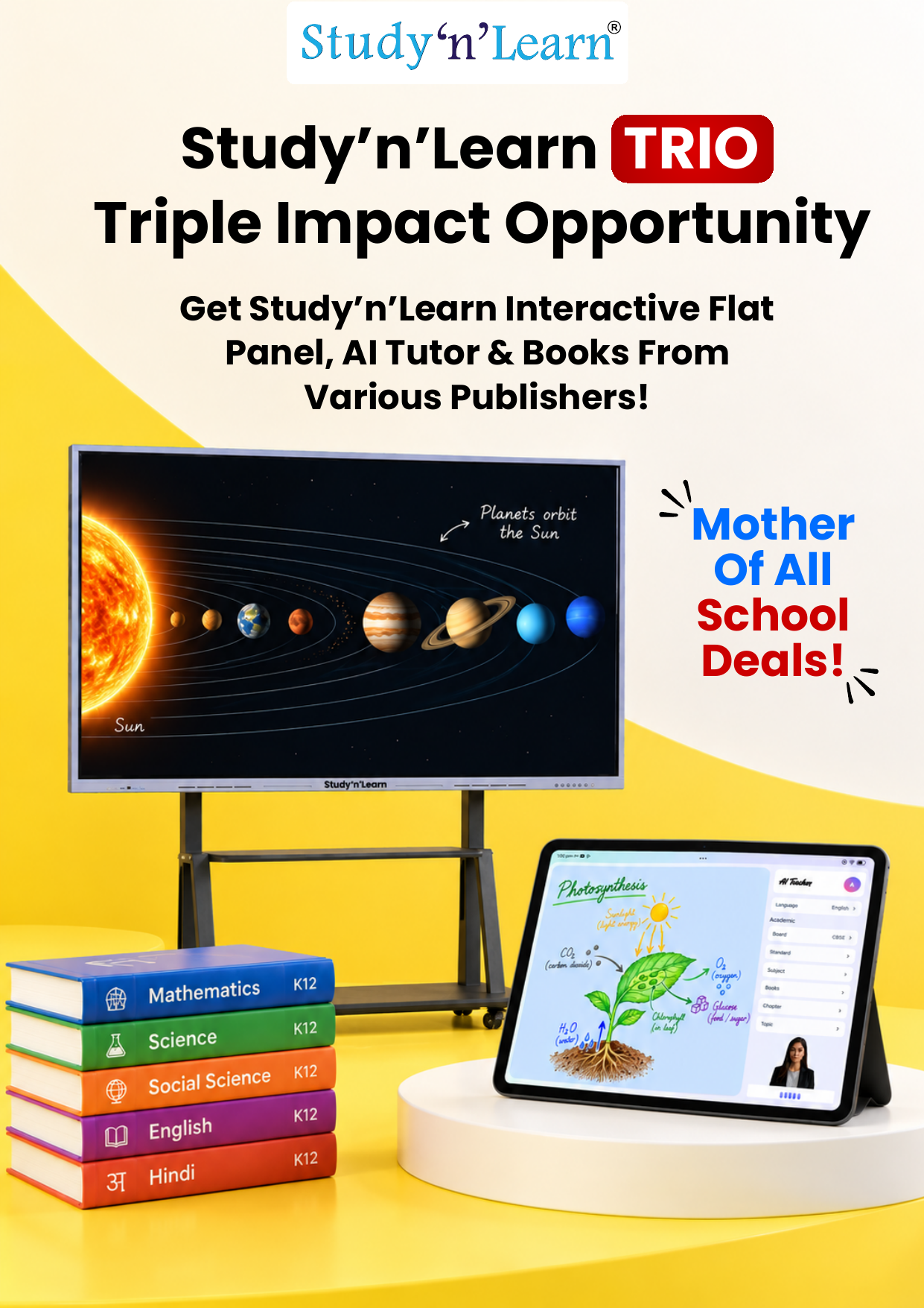 Study'n'Learn TRIO brochure showing interactive flat panel, AI tutor tablet, and books